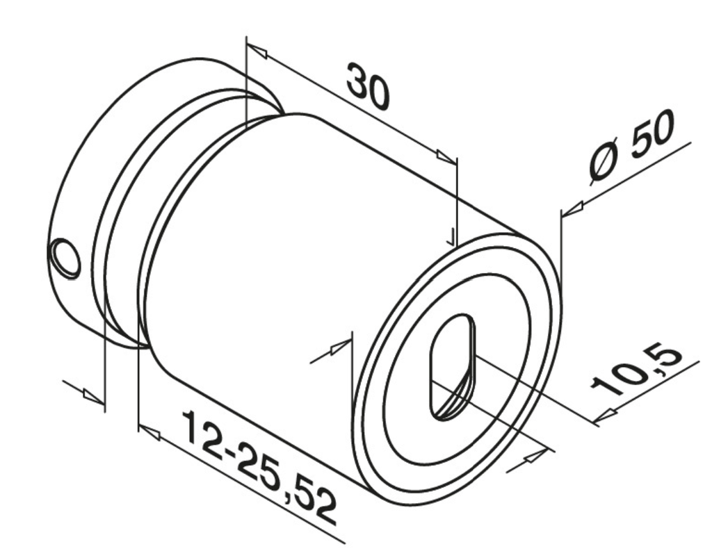 Adaptateur à verre, réglable, Ø50 mm, plat; 140749-030-12; plaque 30 mm, verre 12 - 25,52 mm, inox brossé 316 (14074930012)